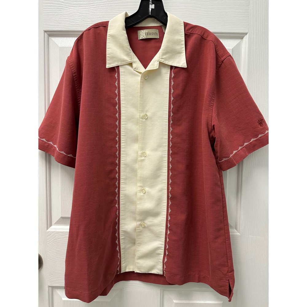 Cubavera Mens Large Brick Red Cream Embroidered Guayabera Camp Shirt Rayon Blend
